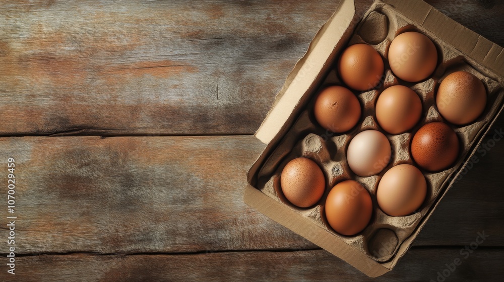 Fresh Brown Eggs in a Carton on Rustic Wooden Background Fresh Brown Eggs in a Carton on Rustic Wooden Background