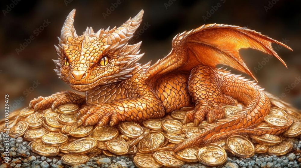 detailed dragon resting on pile of gold coins, showcasing intricate scales and vibrant colors. scene evokes sense of fantasy and treasure detailed dragon resting on pile of gold coins, showcasing intricate scales and vibrant colors. scene evokes sense of fantasy and treasure