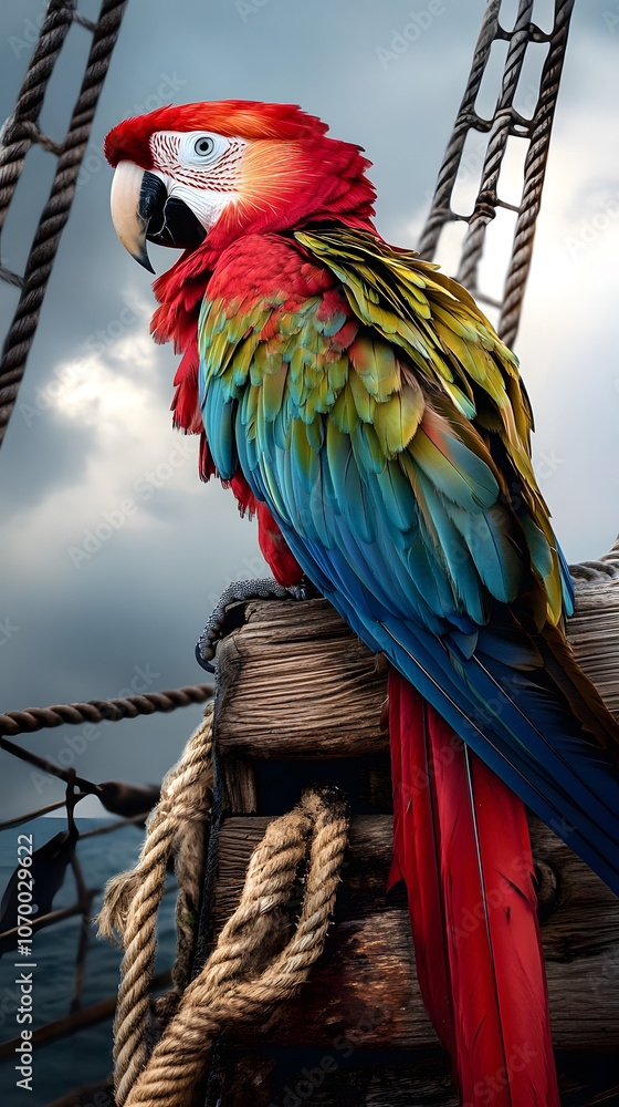 Fototapeta premium Colorful Pirate Parrot Perched on Ship with Ocean Backdrop 