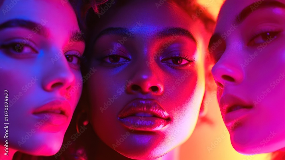 Three women with striking features in vibrant, colorful lighting. Three women with striking features in vibrant, colorful lighting.