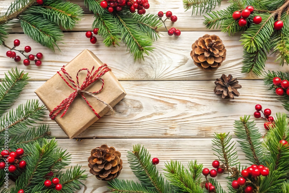 Christmas Frame with Fir Branches, Red Berries, Gift Boxes, and Pine Cones on a White Wooden Table - Flat Lay Top View for Holiday Decor and Copy Space Christmas Frame with Fir Branches, Red Berries, Gift Boxes, and Pine Cones on a White Wooden Table - Flat Lay Top View for Holiday Decor and Copy Space