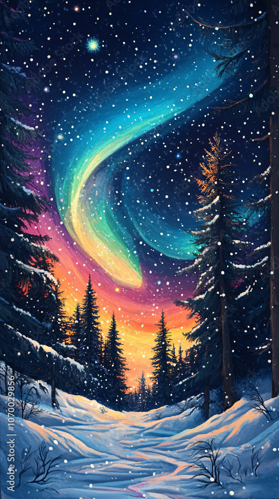 Fototapeta premium Fantastic Aurora borealis or northern lights with starry glowing in the night sky on Arctic circle 