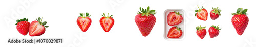 Ripe strawberries on a white background with a half berry.