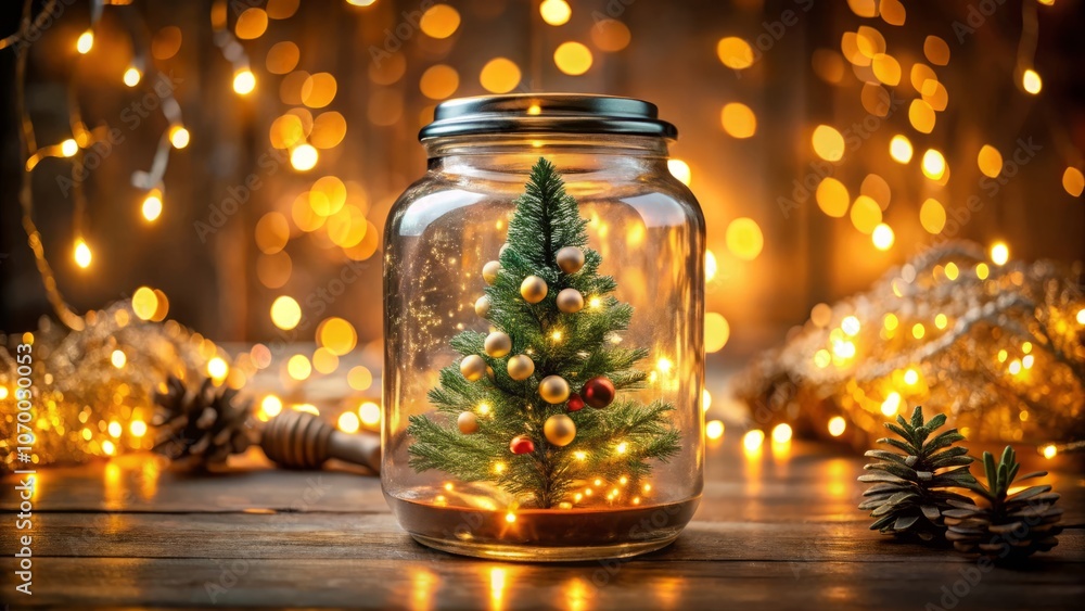 Close-Up Drone Photography of an Elegant Christmas Tree in a Glass Jar, Perfect for Capturing the Spirit of Christmas and New Year Celebrations in a Cozy Home Setting Close-Up Drone Photography of an Elegant Christmas Tree in a Glass Jar, Perfect for Capturing the Spirit of Christmas and New Year Celebrations in a Cozy Home Setting