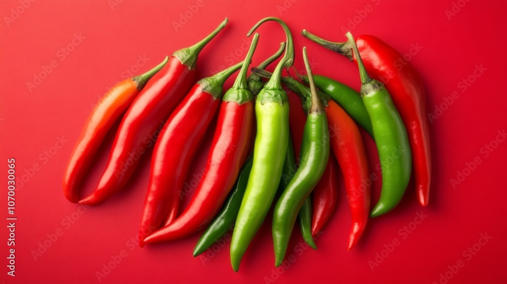 Red and Green Chili Peppers on Red Background Red and Green Chili Peppers on Red Background