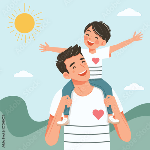 Happy father day. Smiling son is sitting on the father's shoulders on nature background. Vector illustration in flat cartoon style