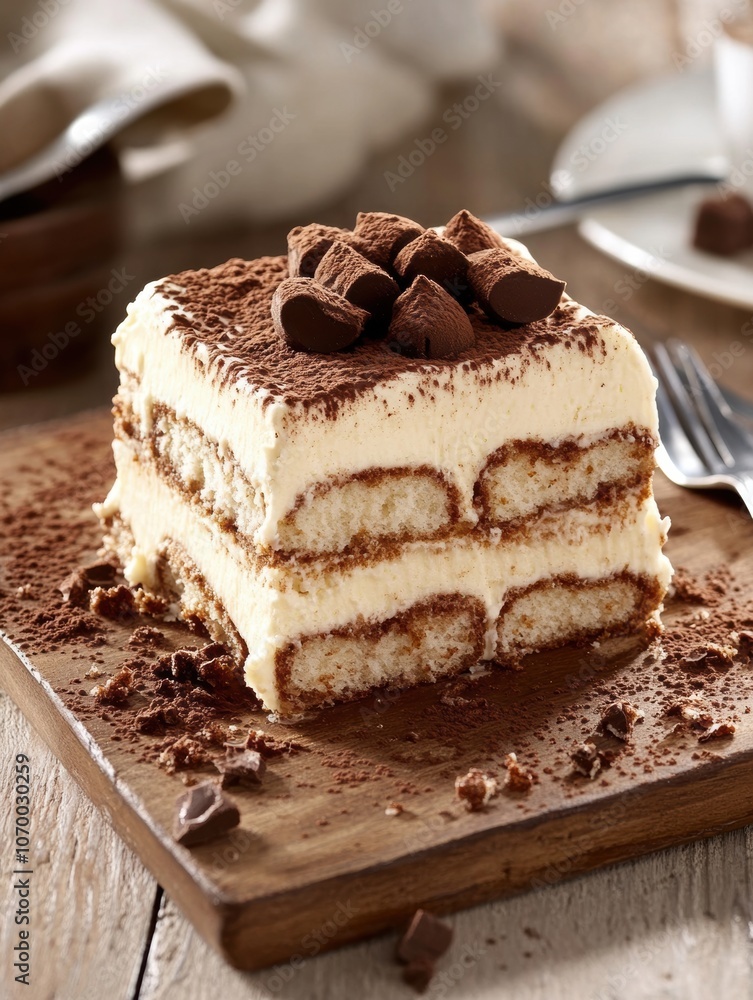 A tiramisu dessert with chocolate chips on top of it A tiramisu dessert with chocolate chips on top of it