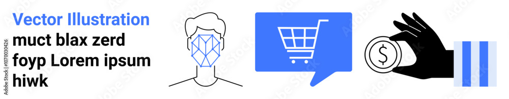 Facial recognition scan, shopping cart inside blue speech bubble, and hand holding a coin. Ideal for e-commerce, online shopping, digital transactions, technology, facial recognition, fintech Facial recognition scan, shopping cart inside blue speech bubble, and hand holding a coin. Ideal for e-commerce, online shopping, digital transactions, technology, facial recognition, fintech