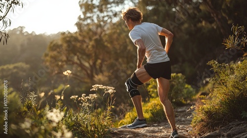 A runner with a knee brace stretching before a workout, looking determined yet cautious, surrounded by nature on a sunny day photo