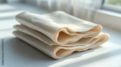 Neatly folded cream-colored fabric on a bright surface.