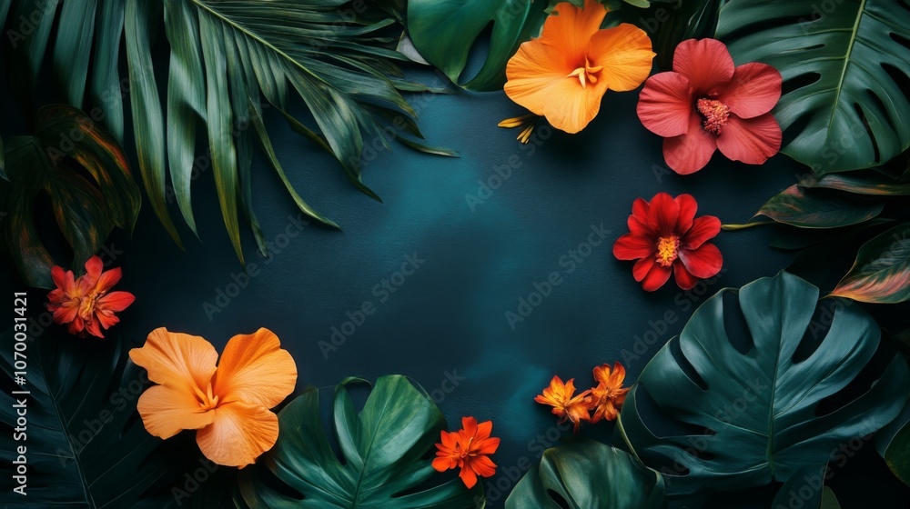 Tropical Flowers and Leaves on Dark Background Tropical Flowers and Leaves on Dark Background