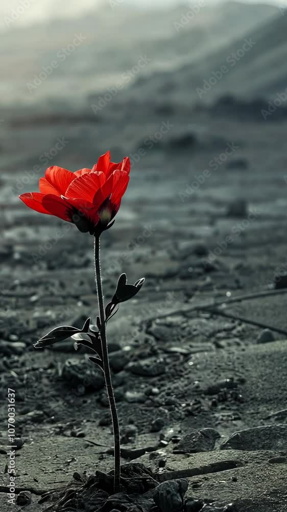 Red flower growing from cracked earth, symbol of resilience and hope