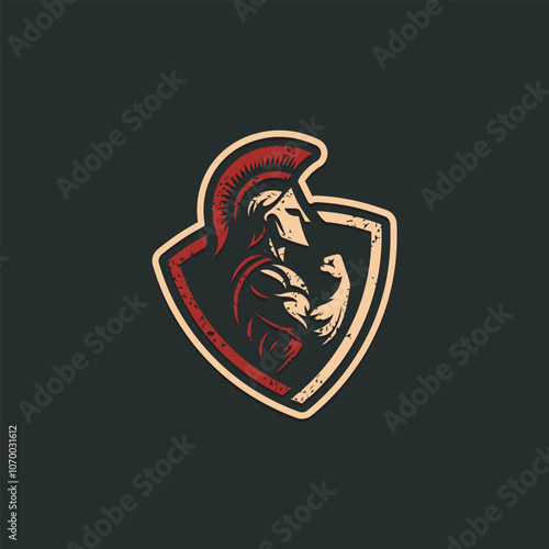 illustration of spartan king in armor and helmet in shield logo