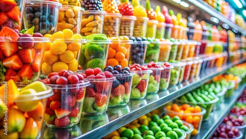 Colorful Grocery Store Shelf Displaying a Variety of Freshly Cut Fruits in Plastic Containers, Perfect for Healthy Eating and Refreshing Snacks, Showcasing Vibrant Colors and Textures