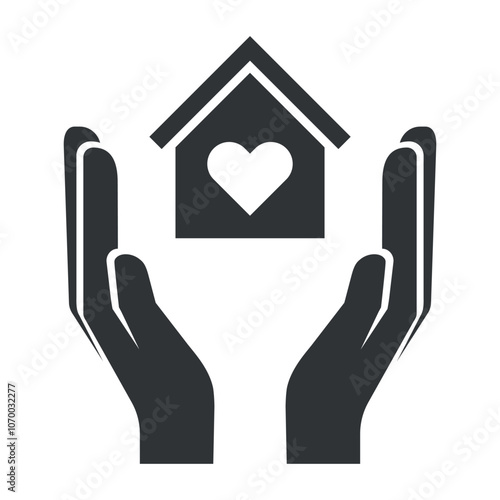 Icon representing a shelter for those in need, showcasing hands protecting a home symbolized by a heart, conveying care and support
