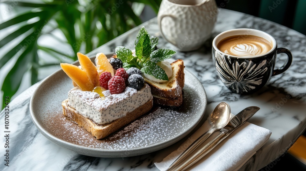 delicious brunch plate featuring toast, fresh fruits, and coffee delicious brunch plate featuring toast, fresh fruits, and coffee