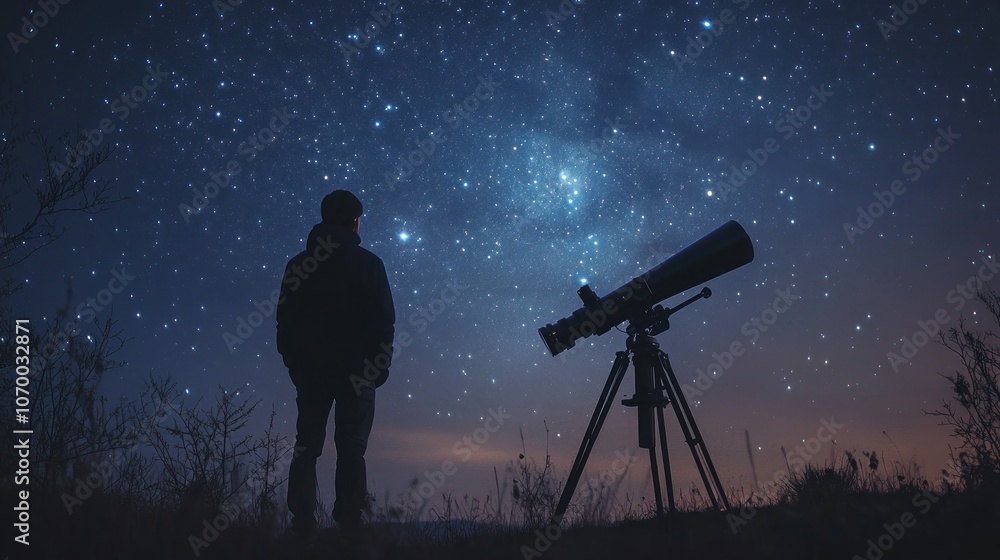 A lone tourist stands watching the sky beside a telescope, looking at stars and constellations at night amidst darkness and silence. A lone tourist stands watching the sky beside a telescope, looking at stars and constellations at night amidst darkness and silence.
