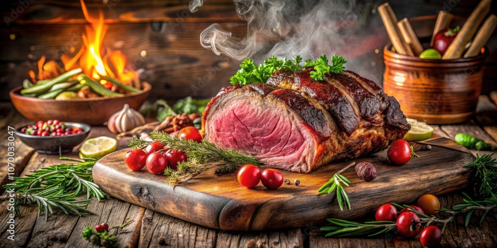 Fototapeta premium First Encounter with Standing Rib Roast: A Culinary Delight of Juicy Perfection and Flavorful Experience