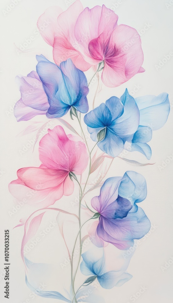 Fototapeta premium A sweet pea art, with pastel pinks and blues merging in delicate petal swirls against a light background