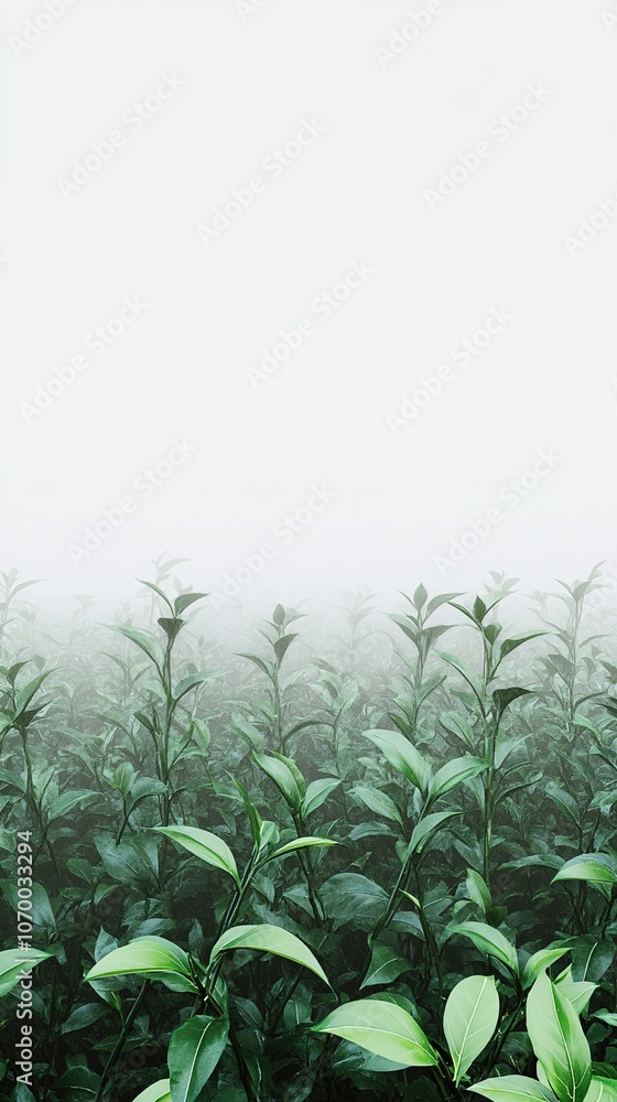 Obraz premium Abstract Marketing Background Featuring a 3D Render of a Green Tea Garden Surrounded by Mist, Captured from a High-Angle Aerial Perspective. This Morning Natural Background Showcases a Fashionable and