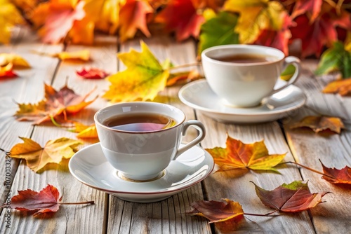 Cozy Autumn Tea Moments: Two Cups of Tea Surrounded by Vibrant Fall Leaves on a Rustic White Table, Perfect for Seasonal Warmth and Relaxation