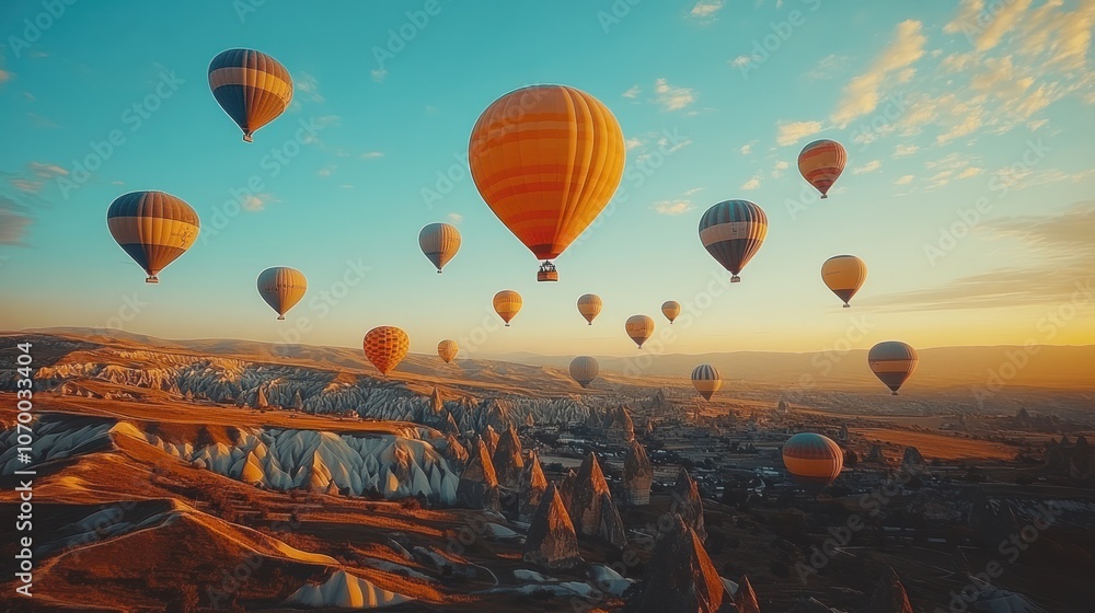 Fototapeta premium A view of dozens of hot air balloons rising together, creating a beautiful and impressive scene in the clear blue sky