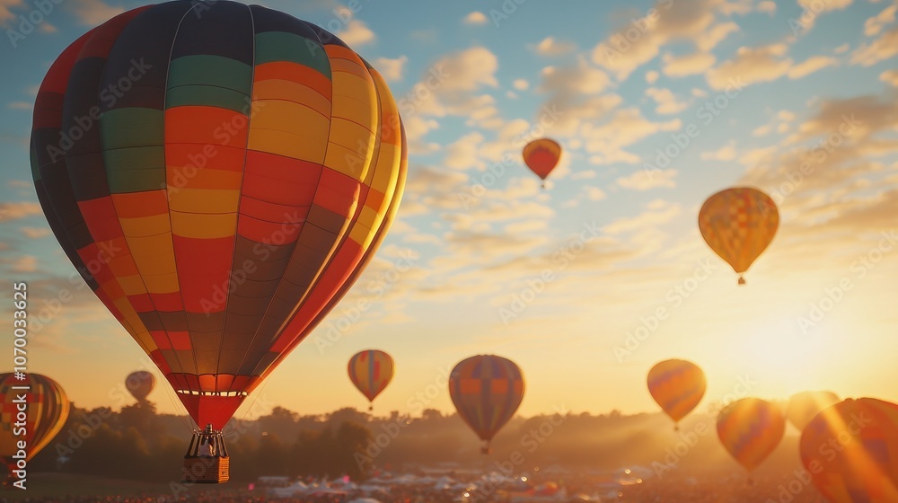 Obraz premium Close-up of colorful hot air balloons soaring in the morning, amid sunlight shining through the fog at a December festival