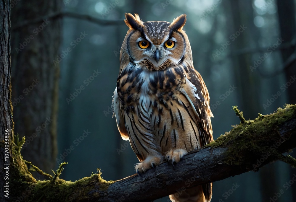 an owl perched on a tree branch in a moonlit forest. Its large, glowing eyes shine with intelligence as it watches over the forest. Ai generated image. an owl perched on a tree branch in a moonlit forest. Its large, glowing eyes shine with intelligence as it watches over the forest. Ai generated image.