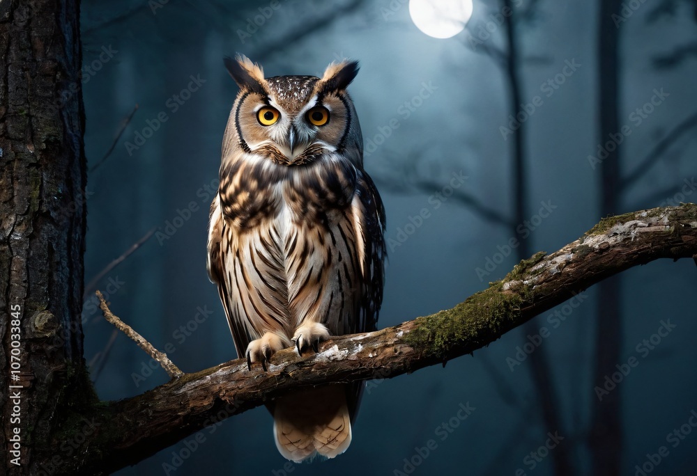 an owl perched on a tree branch in a moonlit forest. Its large, glowing eyes shine with intelligence as it watches over the forest. Ai generated image. an owl perched on a tree branch in a moonlit forest. Its large, glowing eyes shine with intelligence as it watches over the forest. Ai generated image.
