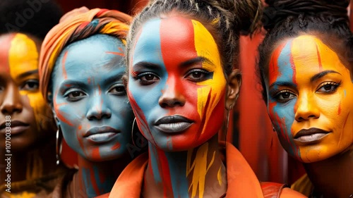 Wallpaper Mural Four women with vibrant face paint standing against a colorful backdrop Torontodigital.ca