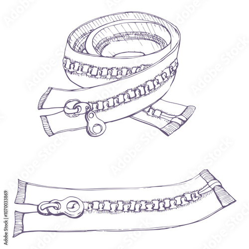 Clothing zippers clasp fabric fly fasteners. Hand drawn ink vector illustration sewing craft seamstress supplies tools. Set of objects isolated on white background. Design atelier, tailor, hobby shop