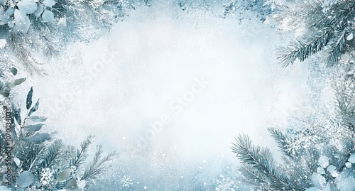 Light blue and white background with glitter, winter theme for Christmas, snowflakes, pine branches, floral elements, white space