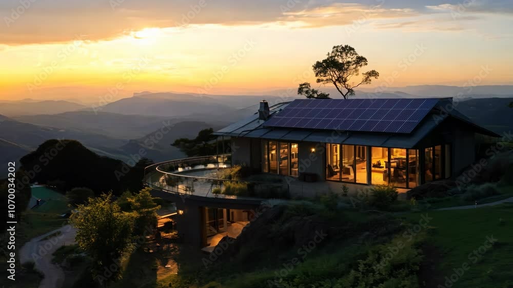 Modern eco-friendly house with solar panels overlooking hills during sunset Modern eco-friendly house with solar panels overlooking hills during sunset