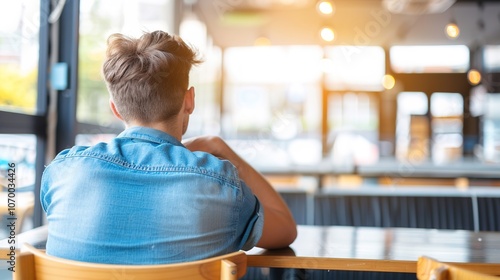 Solitary figure in modern empty cafe, staring out window with distant look, symbolizing social loneliness and introspection in urban life. photo