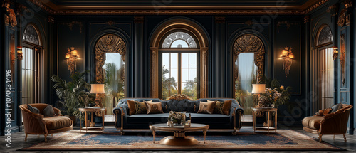 Luxurious living room with gold accents.