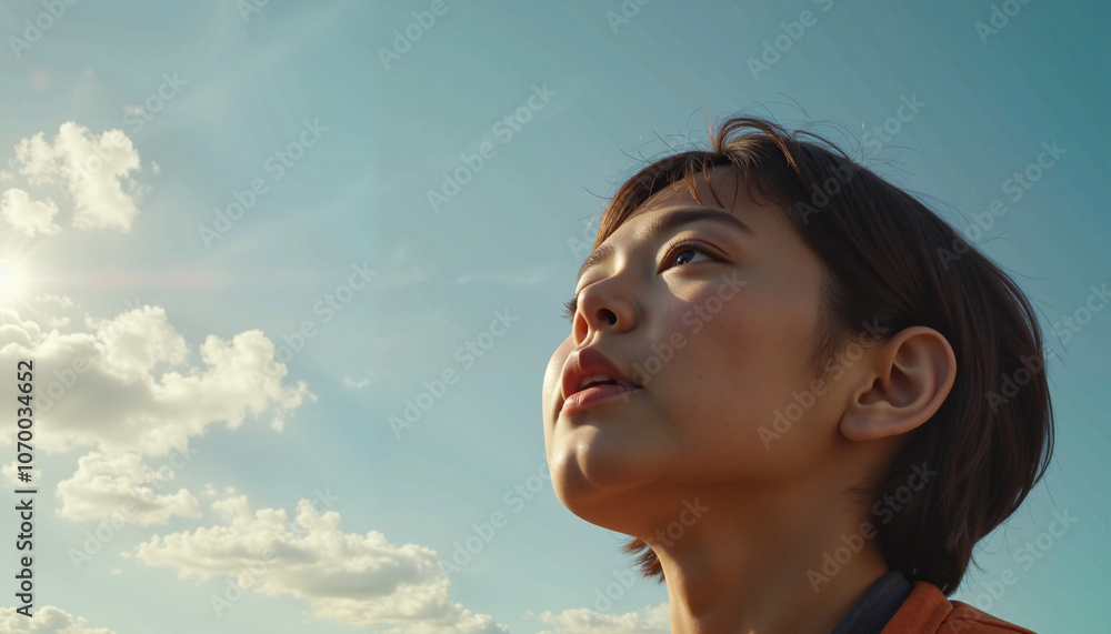 Young child looking up at the peaceful sky with clouds and sunlight Young child looking up at the peaceful sky with clouds and sunlight