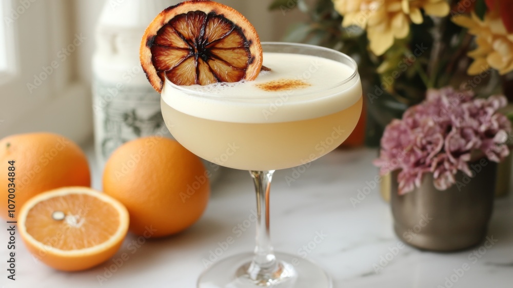 A Glass of Creamy Cocktail with a Sliced Broiled Orange on Top A Glass of Creamy Cocktail with a Sliced Broiled Orange on Top