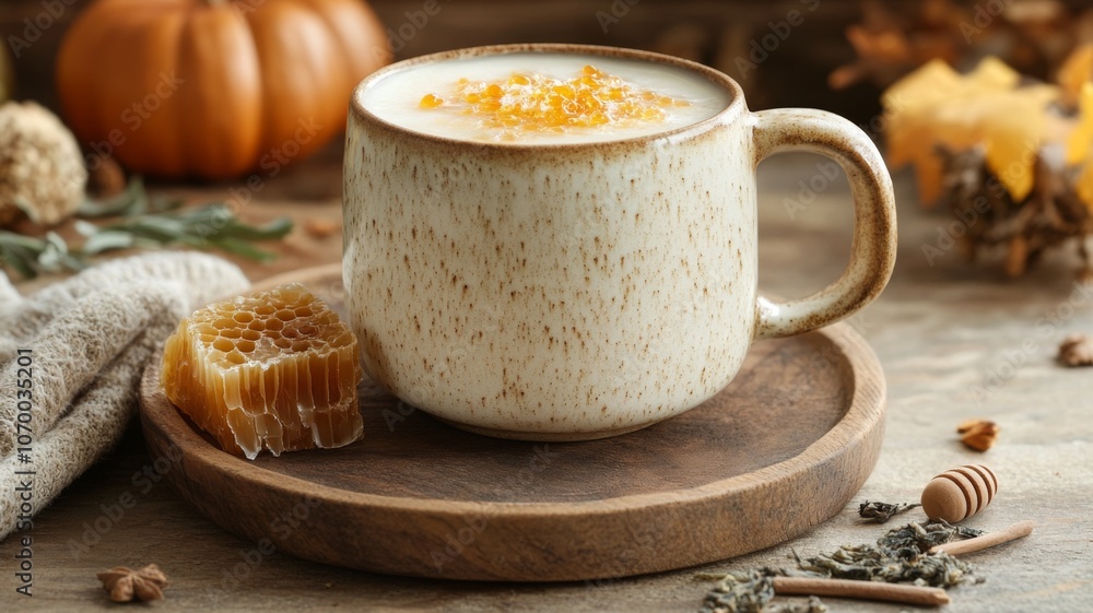 A Cup of Warm Honey-Infused Drink on a Wooden Serving Tray A Cup of Warm Honey-Infused Drink on a Wooden Serving Tray