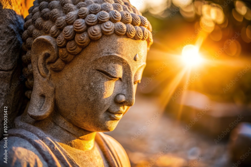 Detailed Close-Up of a Stone Sculpture Bathed in Warm Sunlight, Capturing a Serene Expression in Minimalist Photography Style for Tranquil and Artistic Imagery Detailed Close-Up of a Stone Sculpture Bathed in Warm Sunlight, Capturing a Serene Expression in Minimalist Photography Style for Tranquil and Artistic Imagery