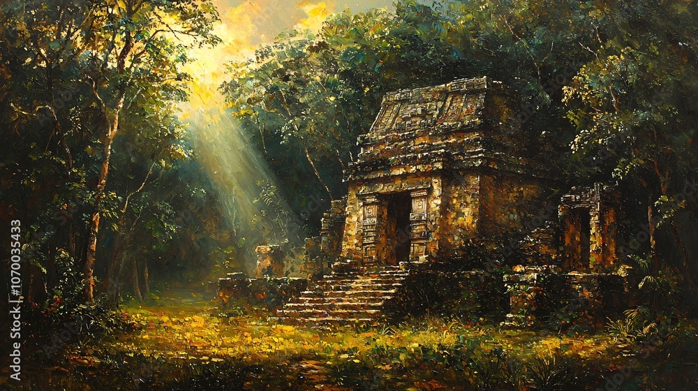 Ancient Temple Ruins in a Lush Jungle with Sunlight Streaming Through the Trees Ancient Temple Ruins in a Lush Jungle with Sunlight Streaming Through the Trees