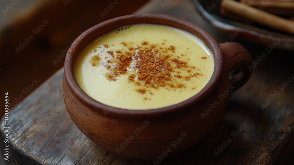 Close-up of a Clay Mug Filled with Yellow Liquid and Cinnamon Close-up of a Clay Mug Filled with Yellow Liquid and Cinnamon