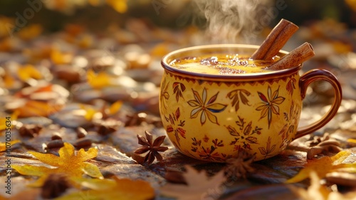 Wallpaper Mural Steaming Mug of Hot Beverage with Cinnamon Sticks Amidst Autumn Leaves Torontodigital.ca