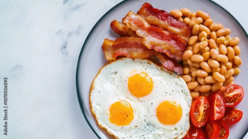 A hearty English breakfast featuring scrambled eggs, crispy bacon, baked beans, sausages, and grilled tomatoes served on a rustic plate A hearty English breakfast featuring scrambled eggs, crispy bacon, baked beans, sausages, and grilled tomatoes served on a rustic plate
