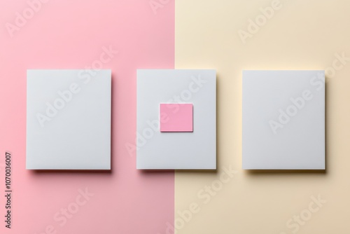 Minimalist composition with three blank white boxes and a small pink sticker in a simple geometric display