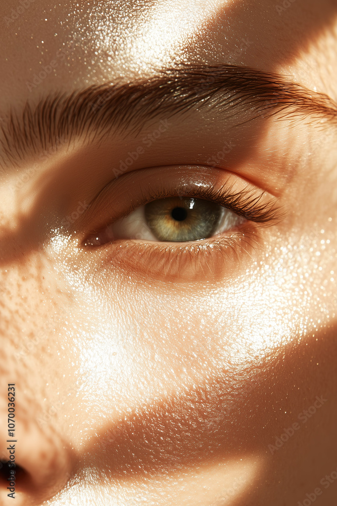 Green-eyed woman basking in warm, sunlit shadows indoors, showcasing tanned, healthy skin.