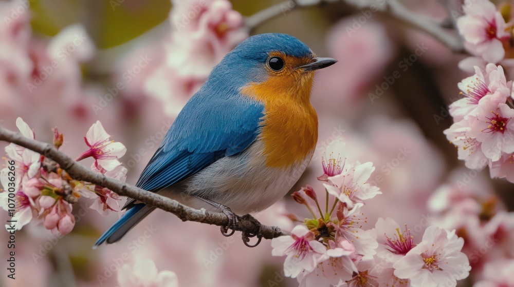 A small blue and orange bird perches on a branch with pink cherry blossoms. A small blue and orange bird perches on a branch with pink cherry blossoms.