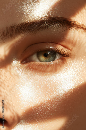 Obraz na płótnie Green-eyed woman basking in warm, sunlit shadows indoors, showcasing tanned, healthy skin. w salonie