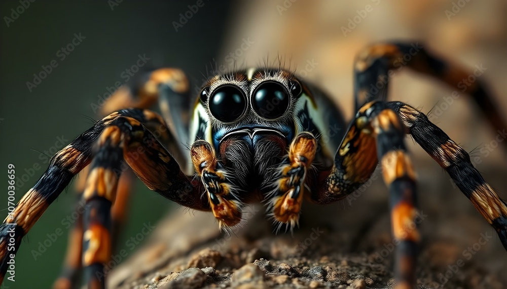 Close-up of spider with curious gaze and distinctive leg markings highlighted in natural light Close-up of spider with curious gaze and distinctive leg markings highlighted in natural light