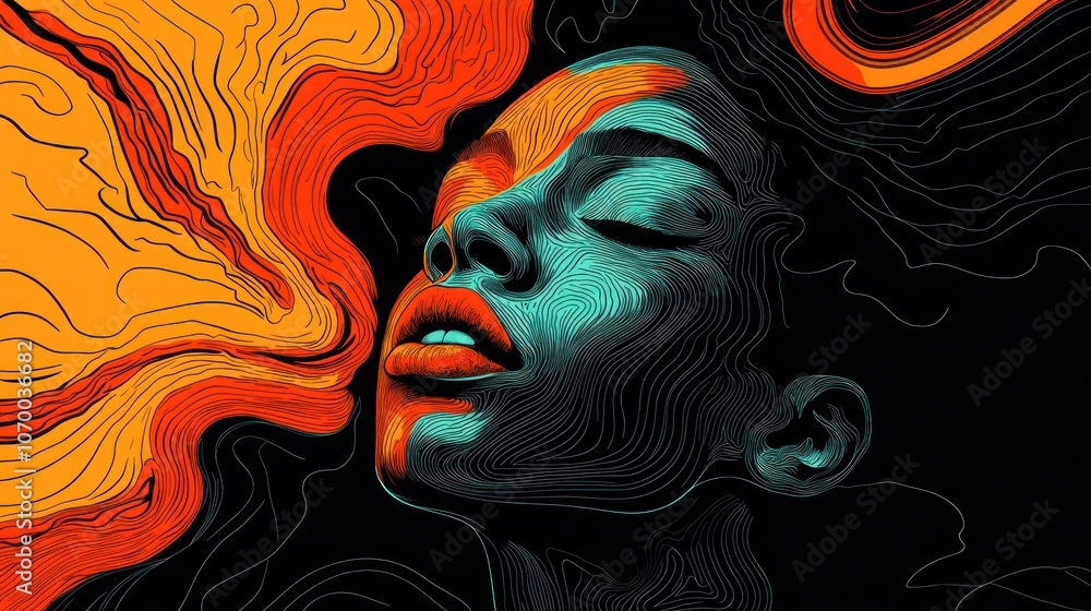 A digital art portrait of a woman with a colorful abstract design. A digital art portrait of a woman with a colorful abstract design.