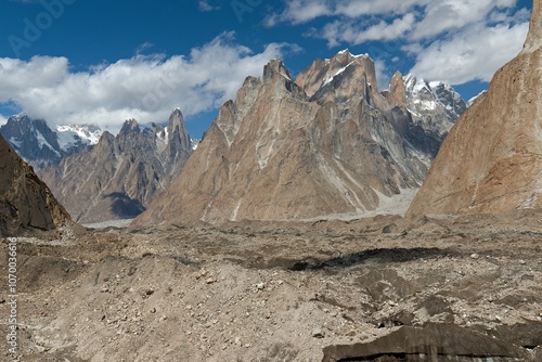 View of Paiju Peak, Uli Biaho Tower and Trango Towers from Baltoro glacier, near Urdokas camp. Karakoram Mountains. Gilgit-Baltistan. Pakistan. Asia. photo